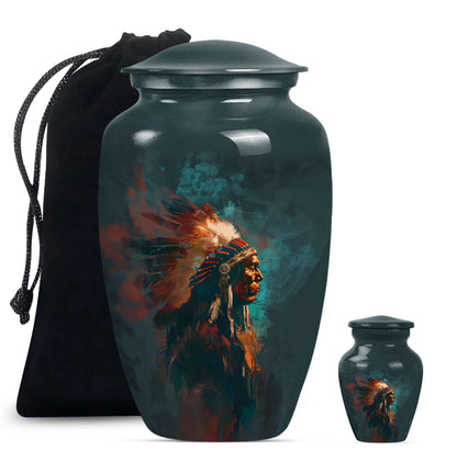 Tribe Man Theme Large Urn With 1 Keepsake Urn