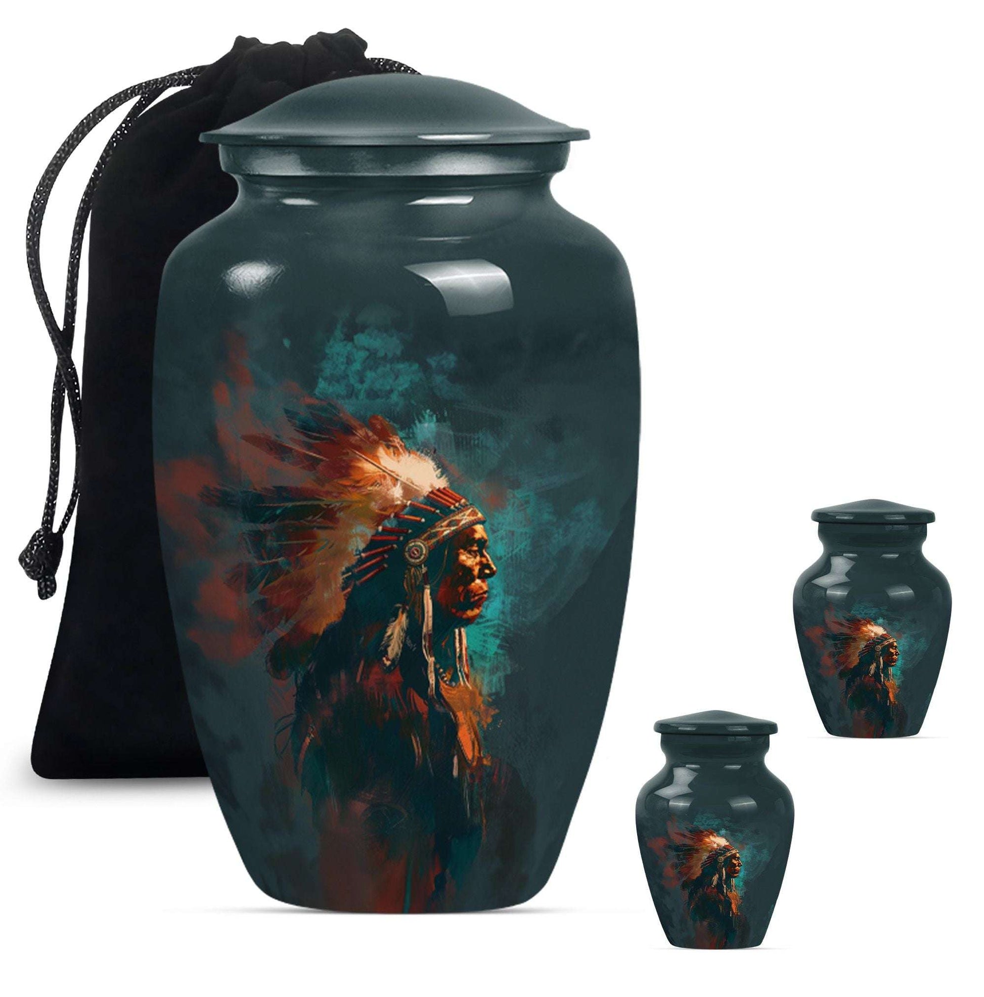 Tribe Man Theme Large Urn With 2 Keepsake Urn