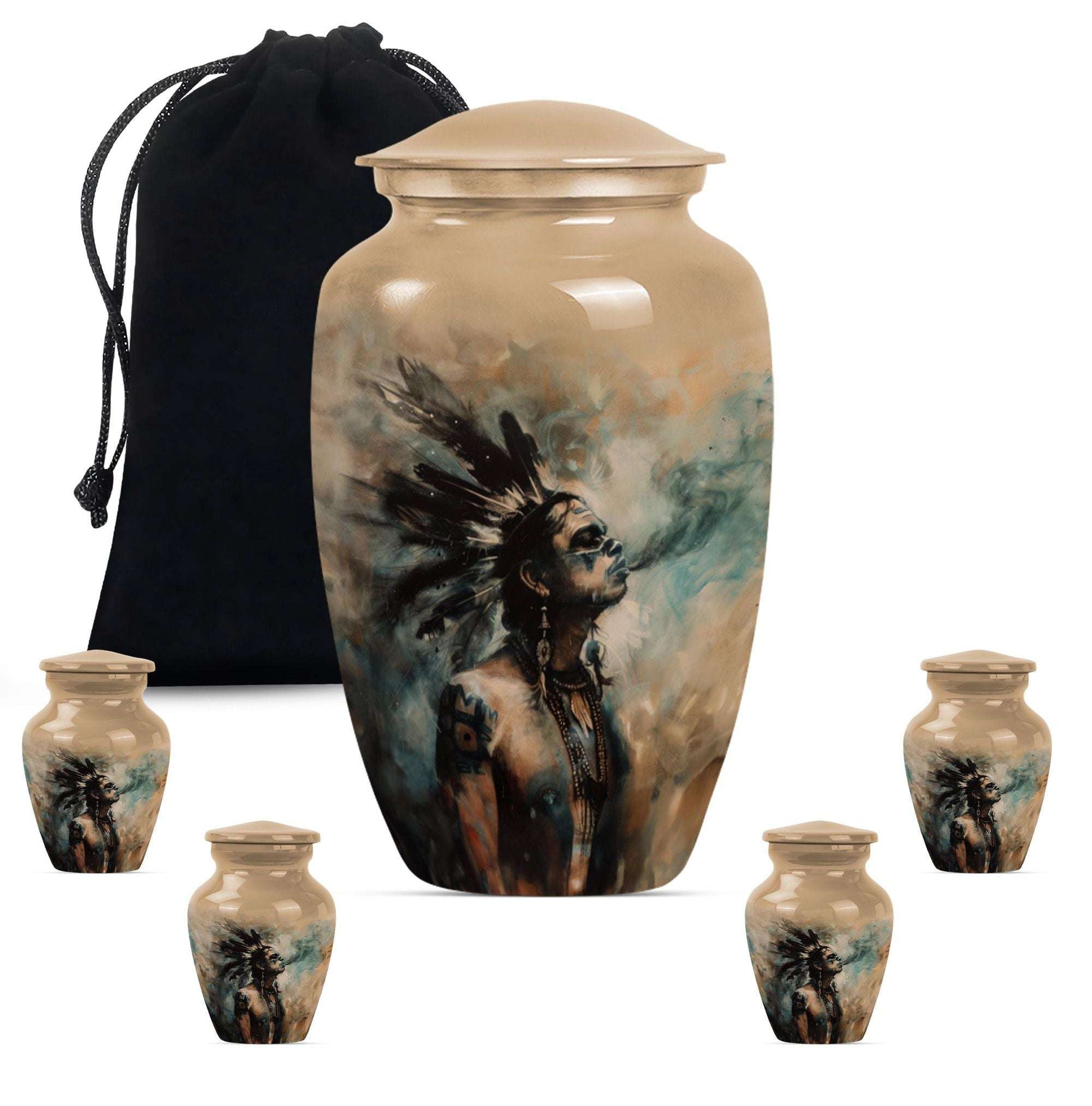 Tribe Man Theme Large Urn With 4 Keepsake Urn