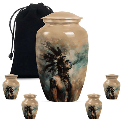 Tribe Man Theme Large Urn With 4 Keepsake Urn