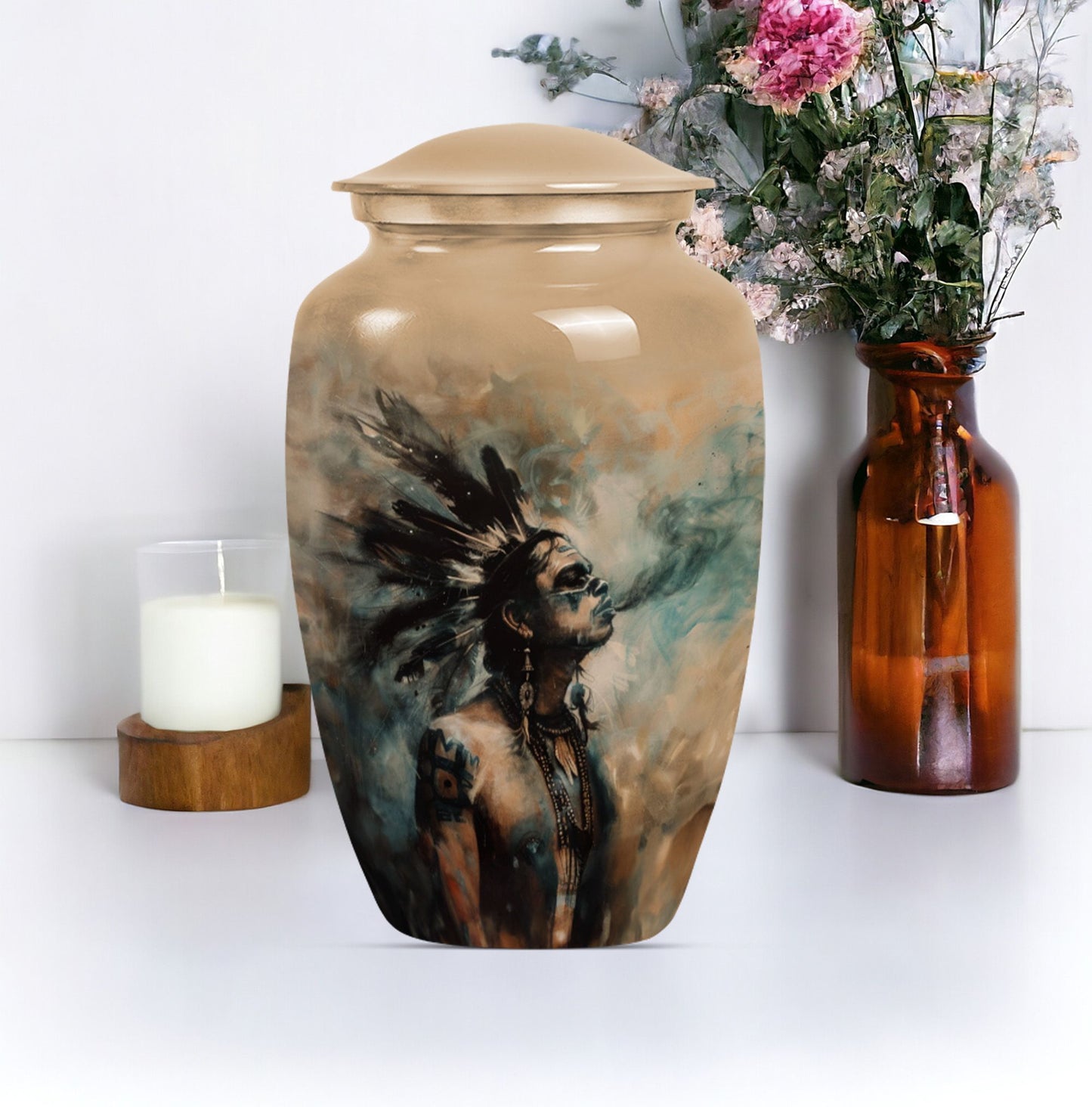 Classic 10-Inch Tribe Man Urn with Wolf Howling.