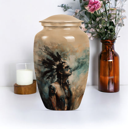 Classic 10-Inch Tribe Man Urn with Wolf Howling.