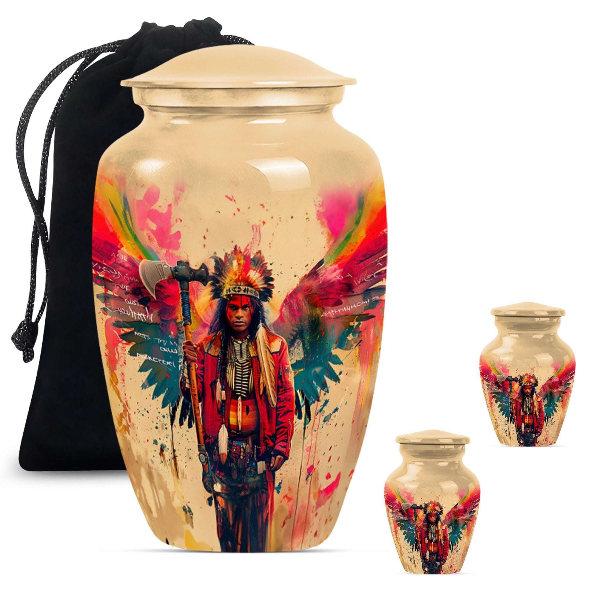 Tribe Man Theme Large Urn With 2 Keepsake Urn