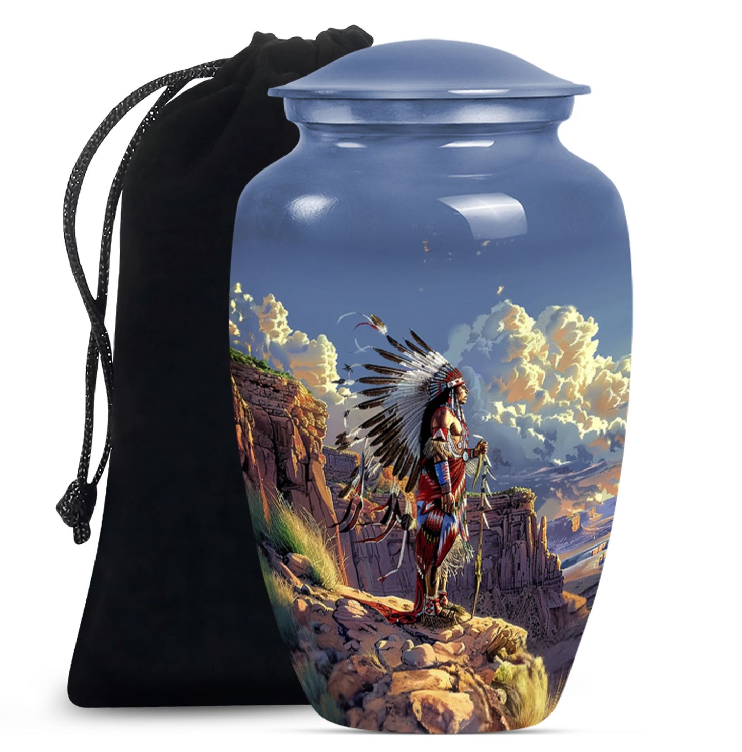 10 Inch Classic Tribe Man Urn with Wolf Howling theme.