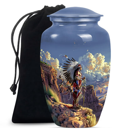 10 Inch Classic Tribe Man Urn with Wolf Howling theme.