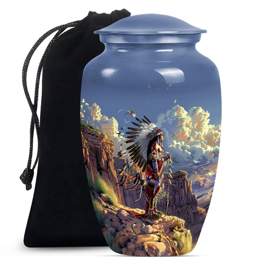 10 Inch Classic Tribe Man Urn with Wolf Howling theme.