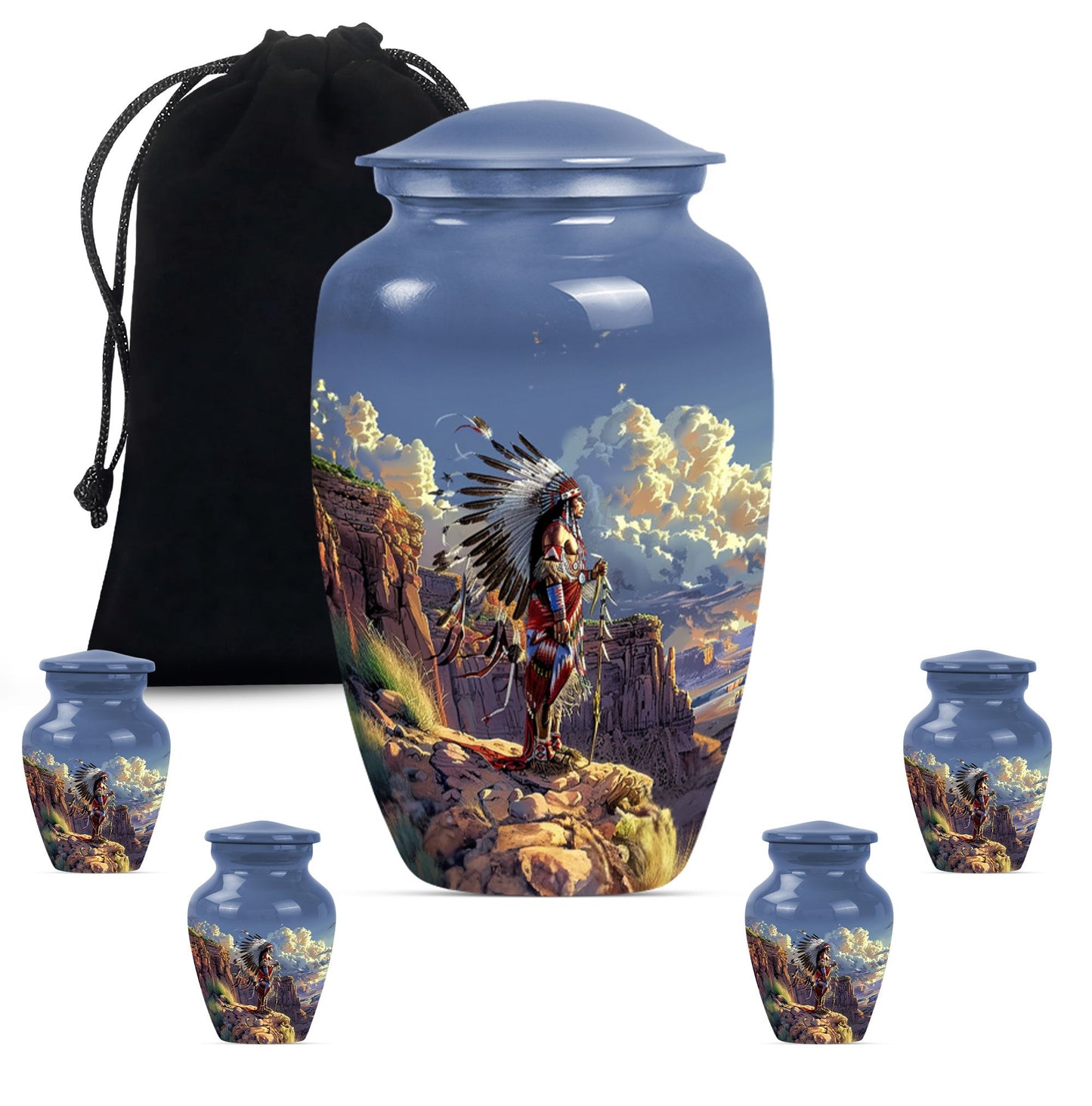 10 Inch Classic Tribe Man Urn with Wolf Howling theme.