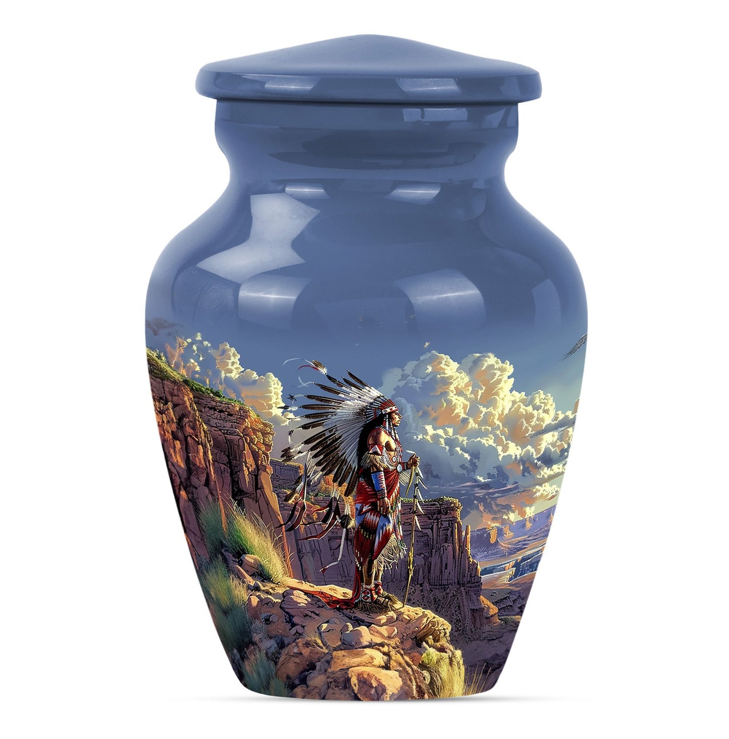 10 Inch Classic Tribe Man Urn with Wolf Howling theme.