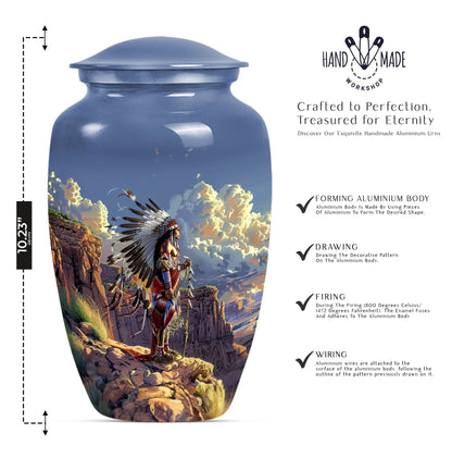 10 Inch Classic Tribe Man Urn with Wolf Howling theme.