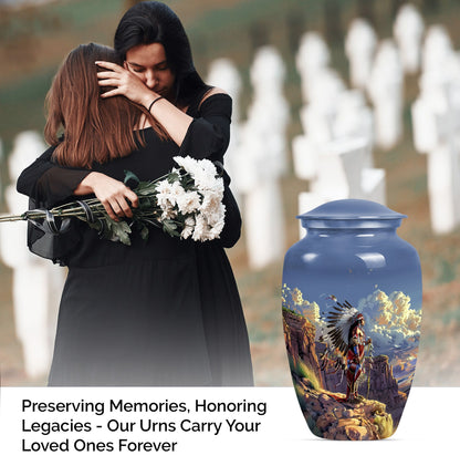 10 Inch Classic Tribe Man Urn with Wolf Howling theme.