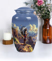 10 Inch Classic Tribe Man Urn with Wolf Howling theme.
