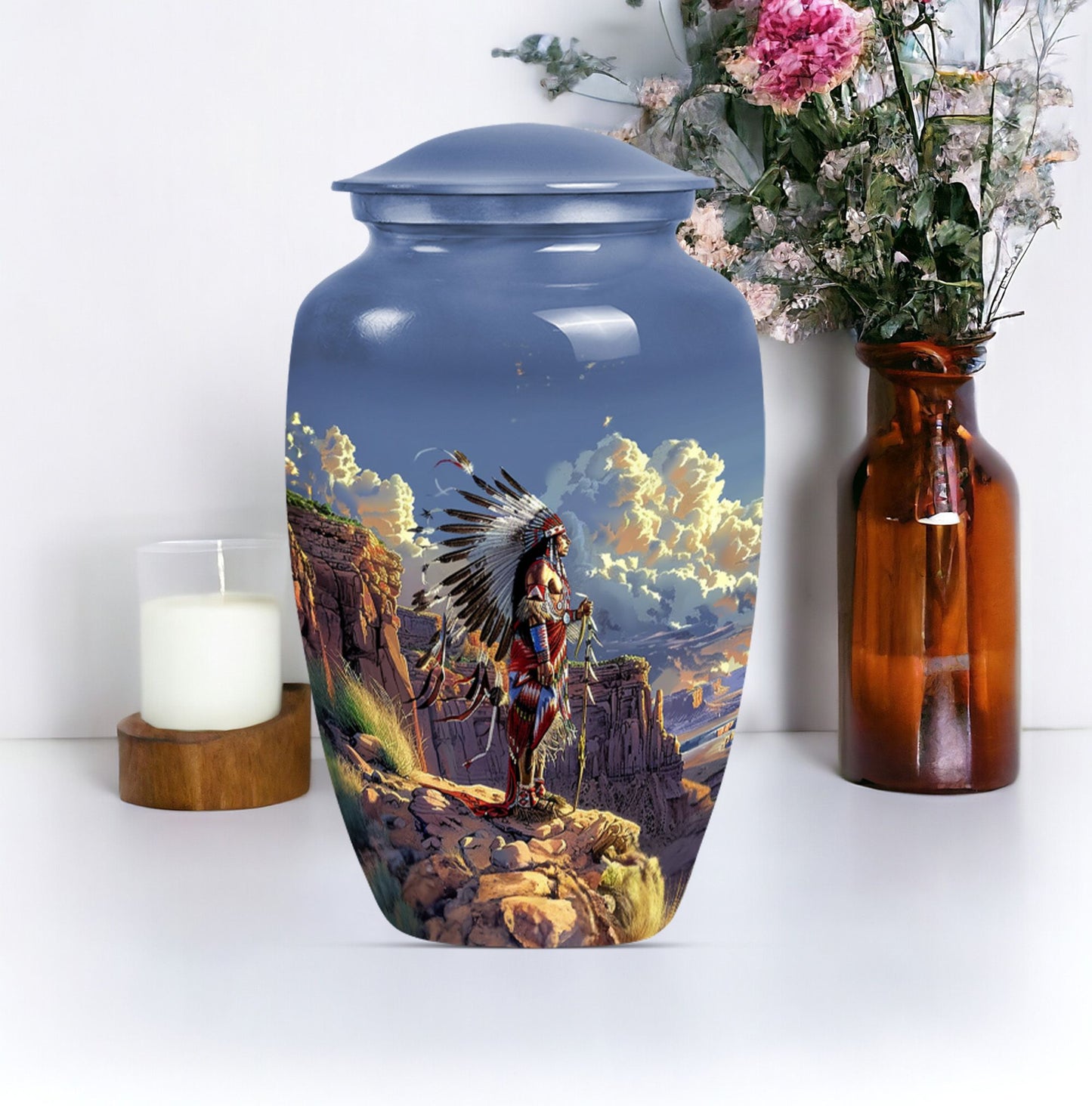 10 Inch Classic Tribe Man Urn with Wolf Howling theme.