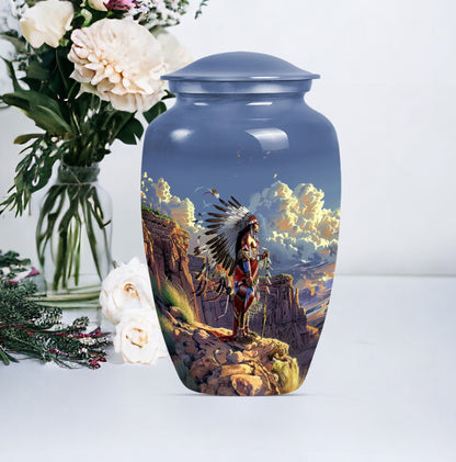 10 Inch Classic Tribe Man Urn with Wolf Howling theme.