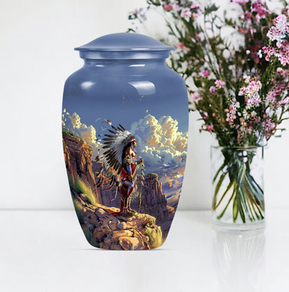 10 Inch Classic Tribe Man Urn with Wolf Howling theme.