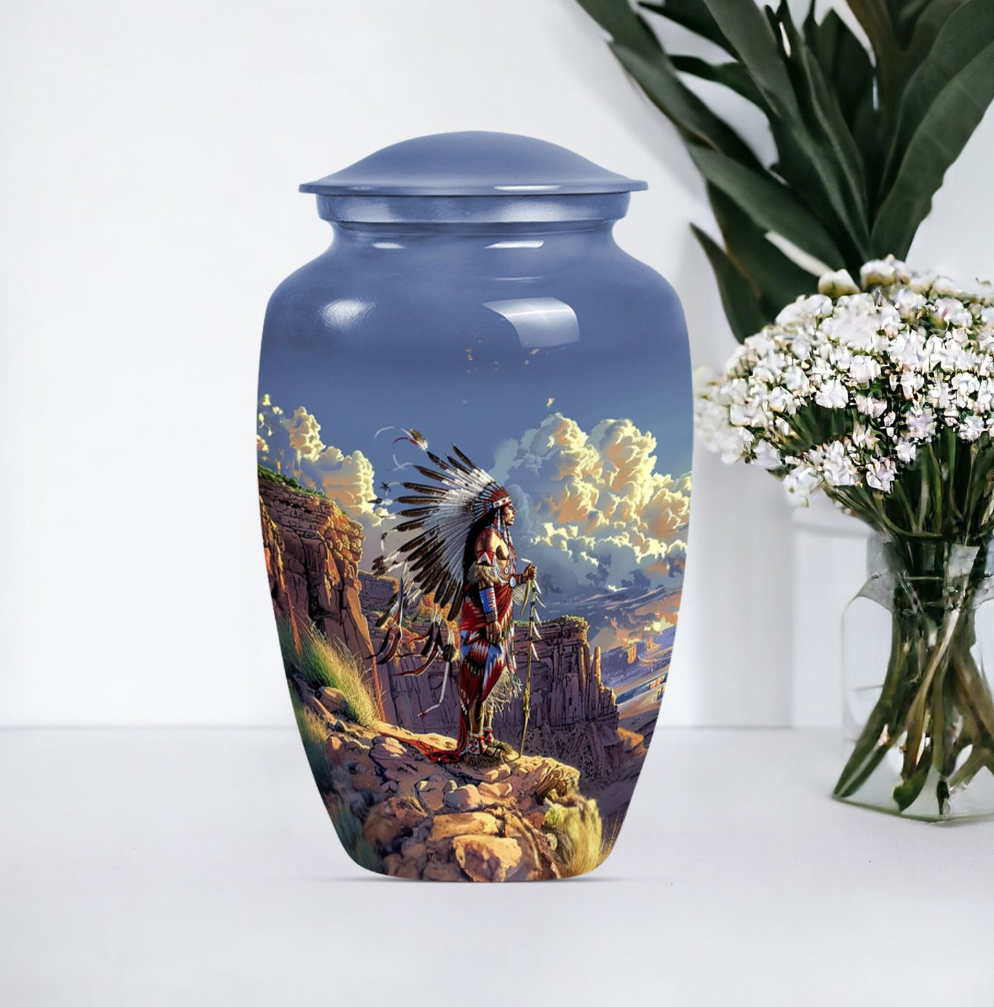 10 Inch Classic Tribe Man Urn with Wolf Howling theme.