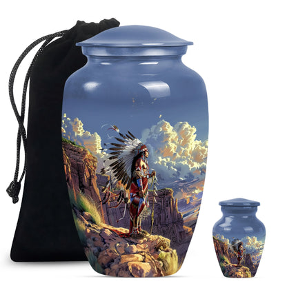 10 Inch Classic Tribe Man Urn with Wolf Howling theme.