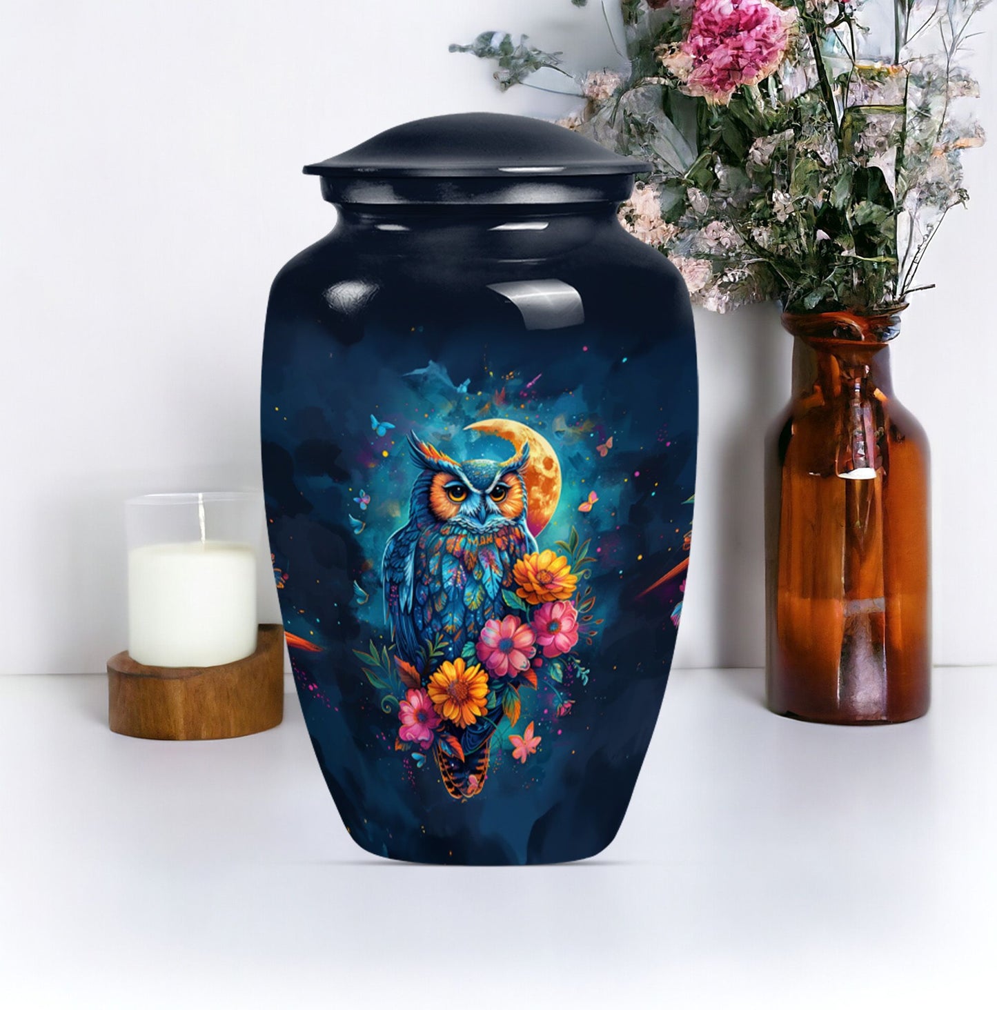 Owl-themed cremation urn for dad
