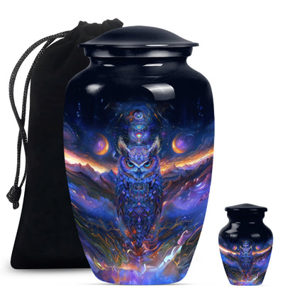 Classic 10 inch owl urn with a wolf howling theme.