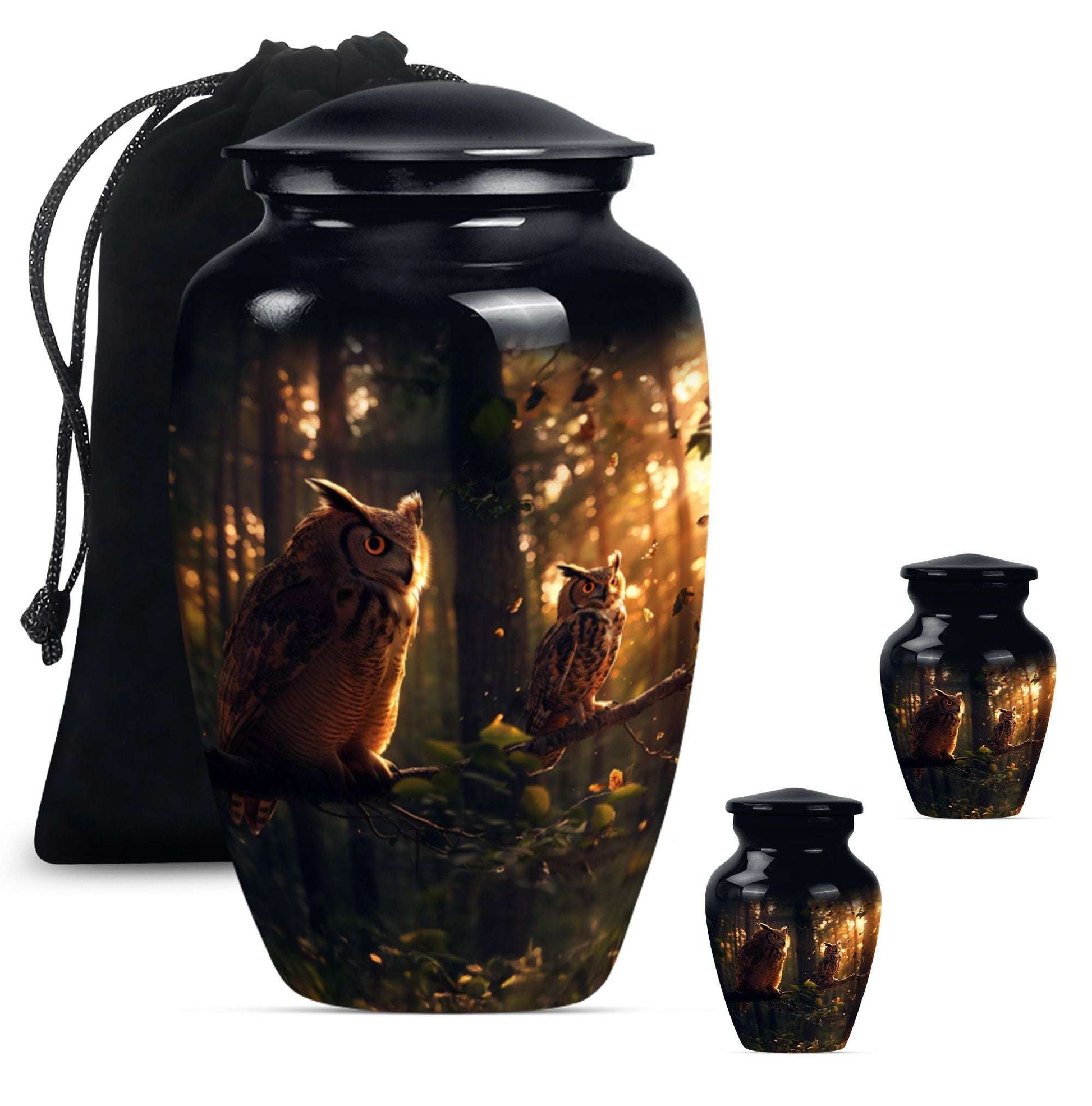 Owl Theme Large Urn With 2 Keepsake Urn