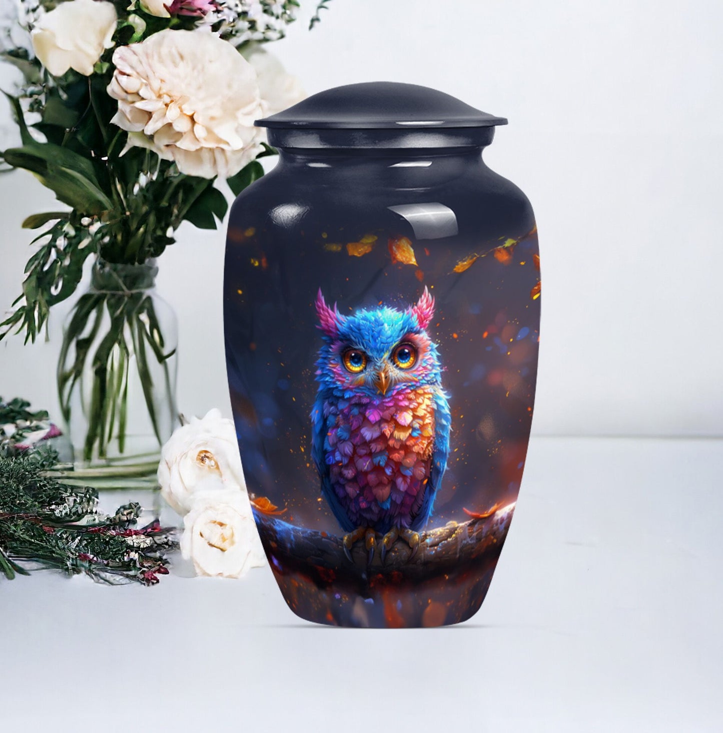  owl urn and velvet pouch, memorial urn for women,