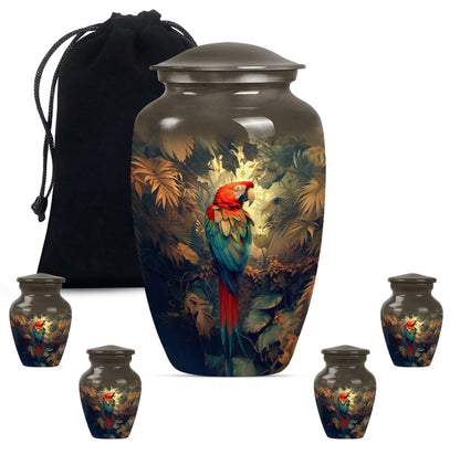 Macaw Parrot Theme Large Urn With 4 Keepsake Urn
