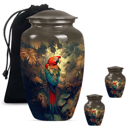 Macaw Parrot Theme Large Urn With 2 Keepsake Urn