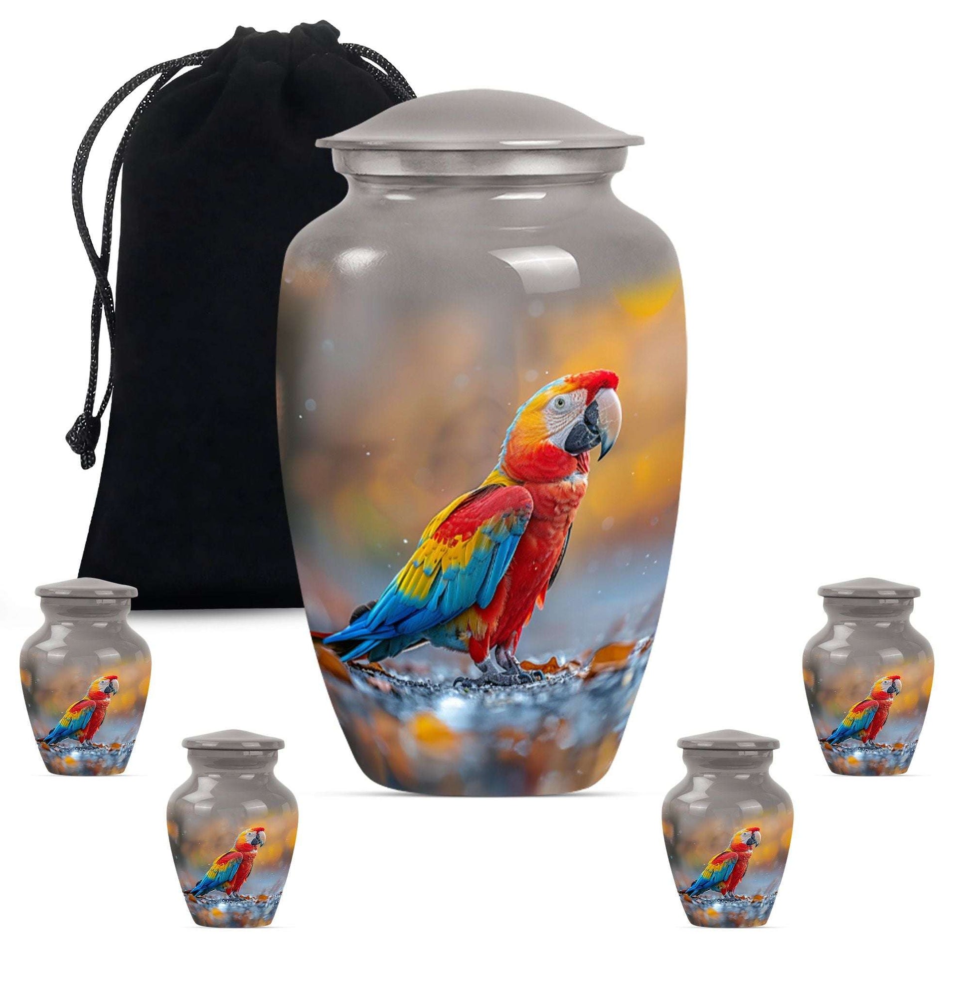 Macaw Parrot Theme Large Urn With 4 Keepsake Urn