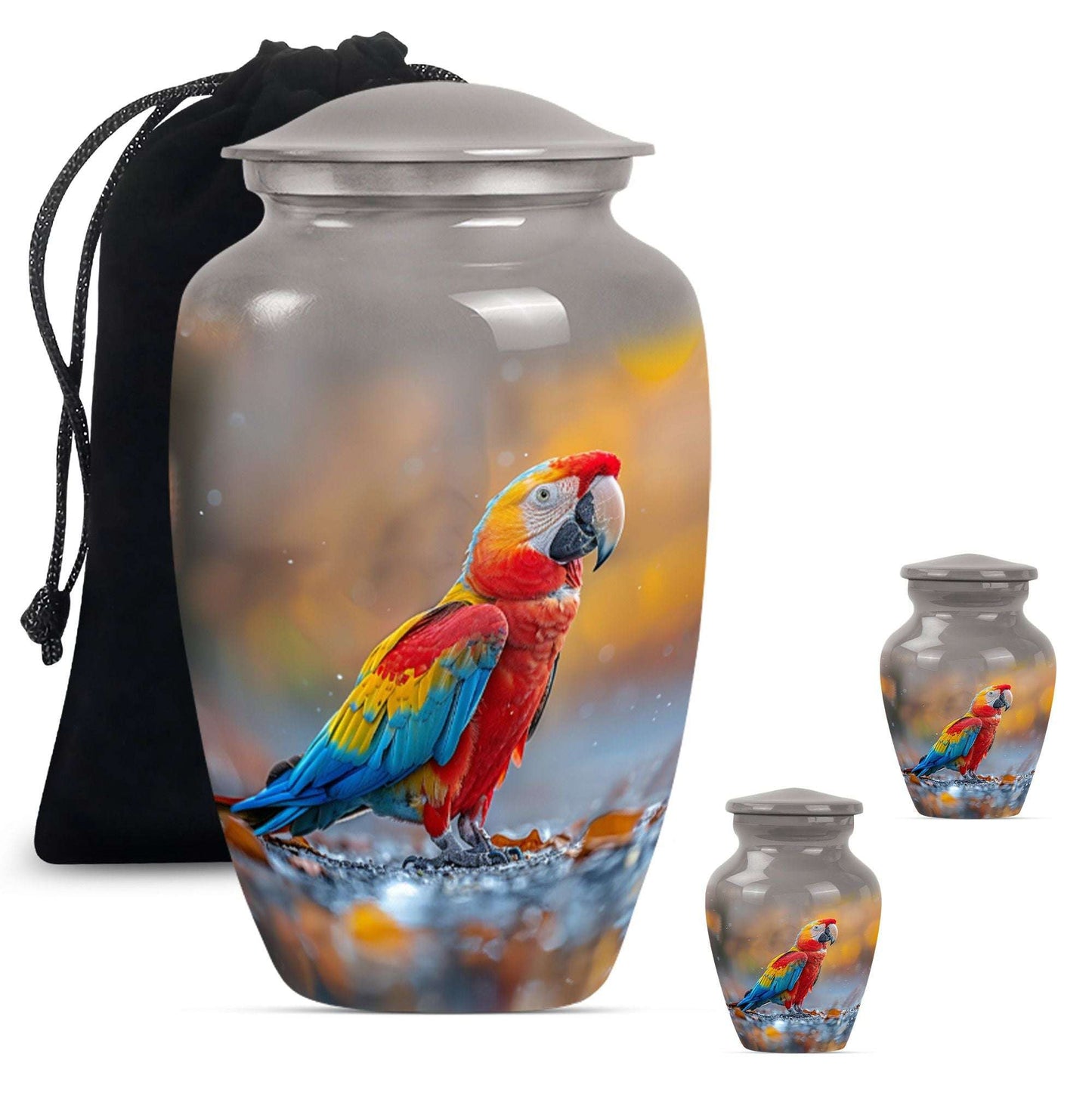 Macaw Parrot Theme Large Urn With 2 Keepsake Urn