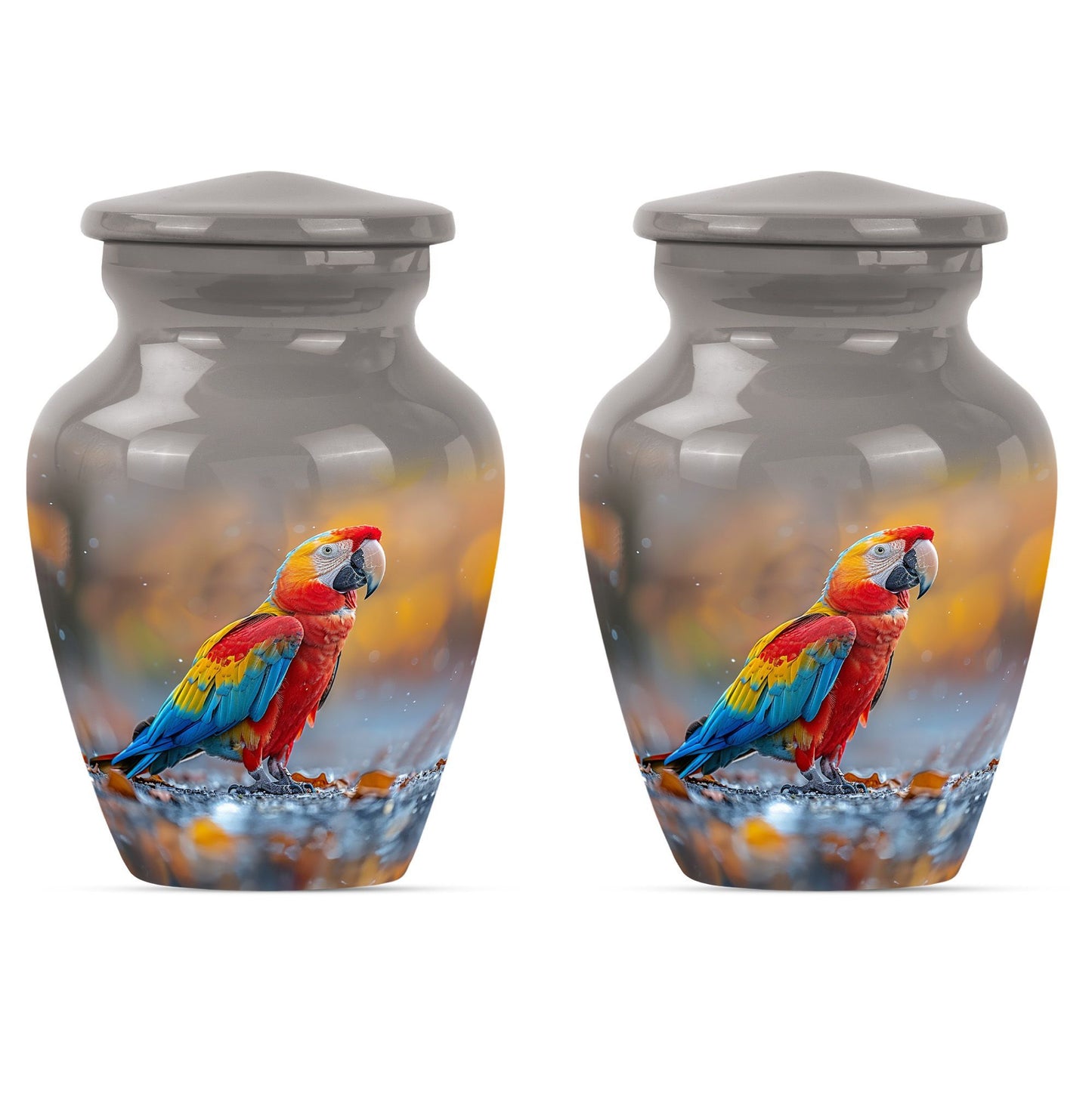 classic macaw parrot urn with wolf howling theme.