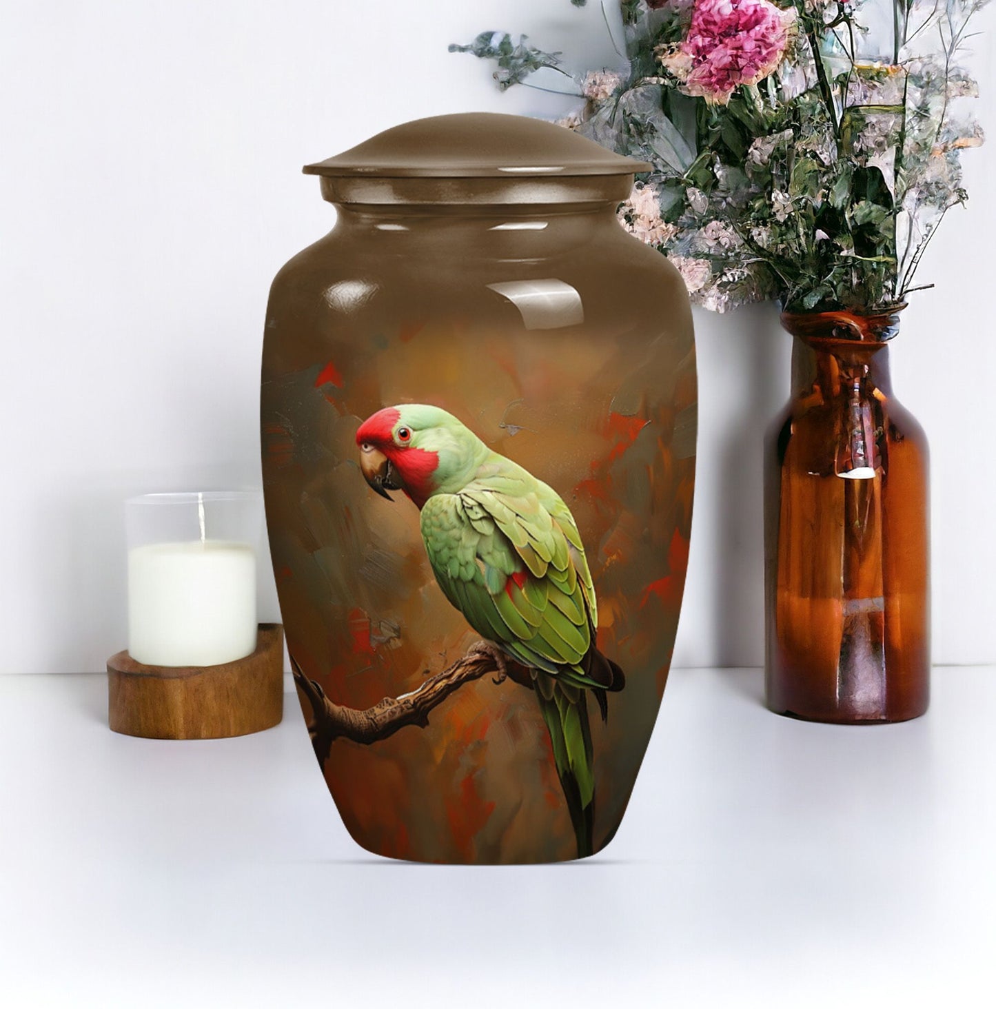  Macaw Parrot Urn with Wolf Howling 