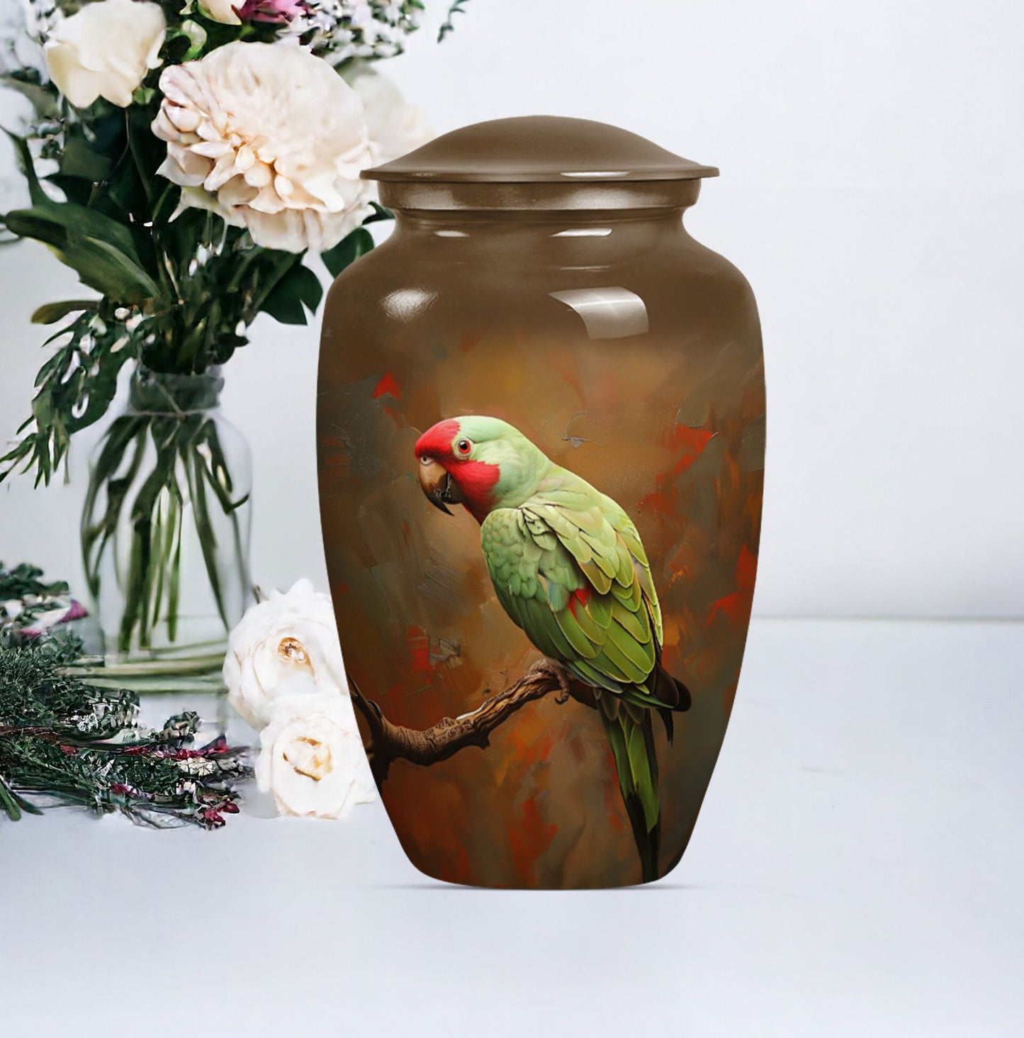  Macaw Parrot Urn with Wolf Howling 