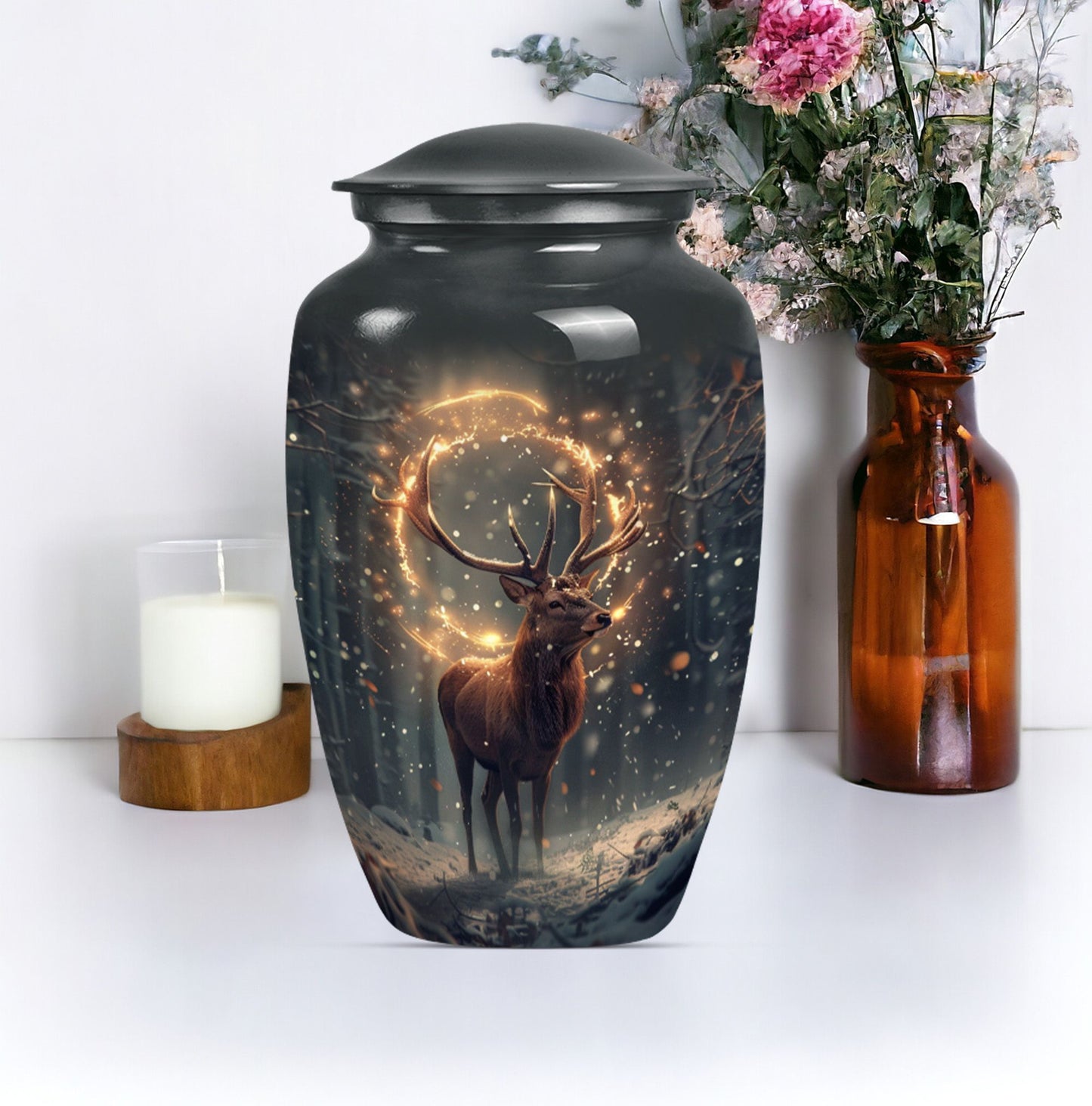  deer urn for memorial funeral, featuring wolf howling theme