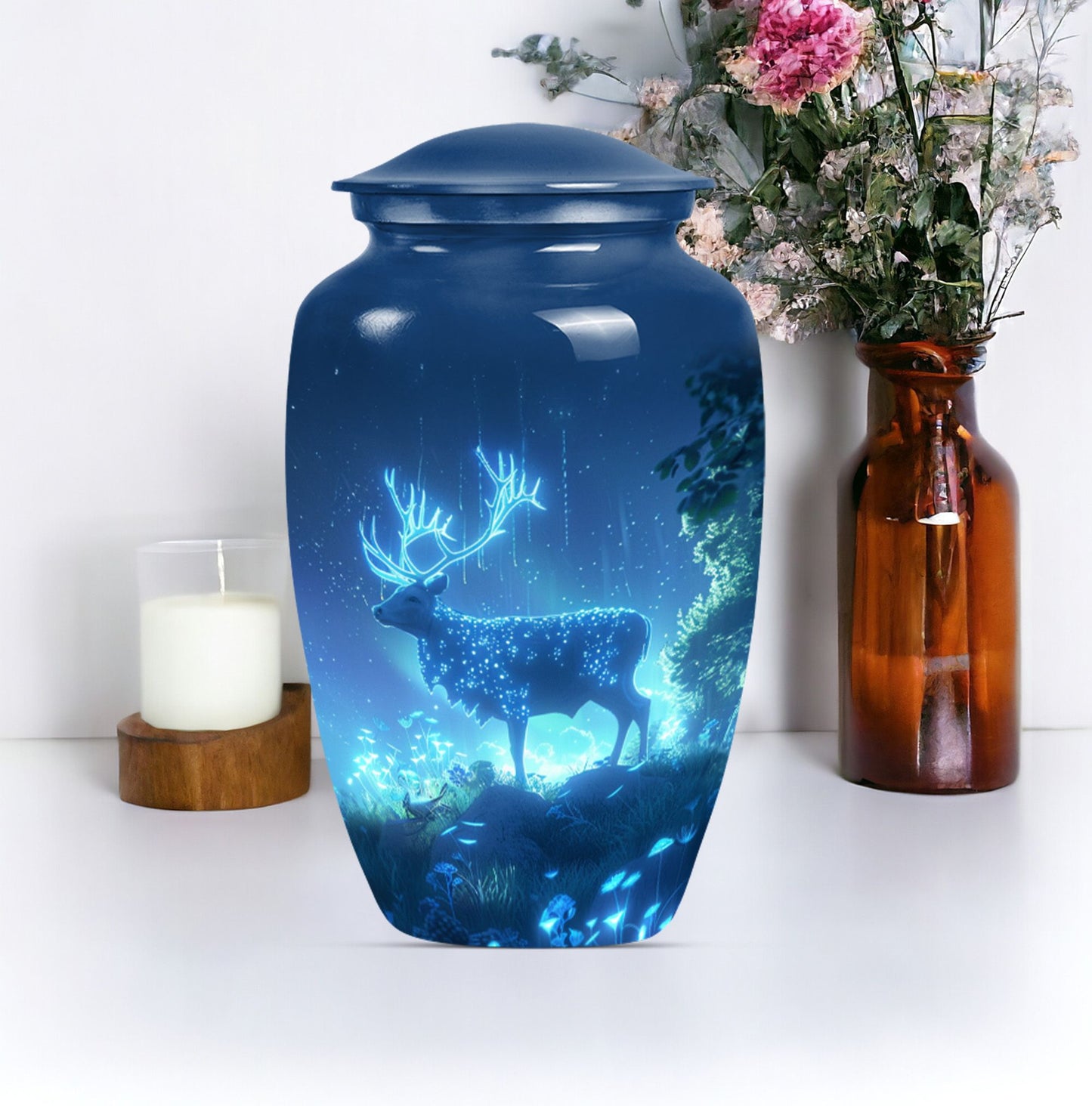 10-inch Classic Wolf Howling-themed Deer Cremation Medium Urn.