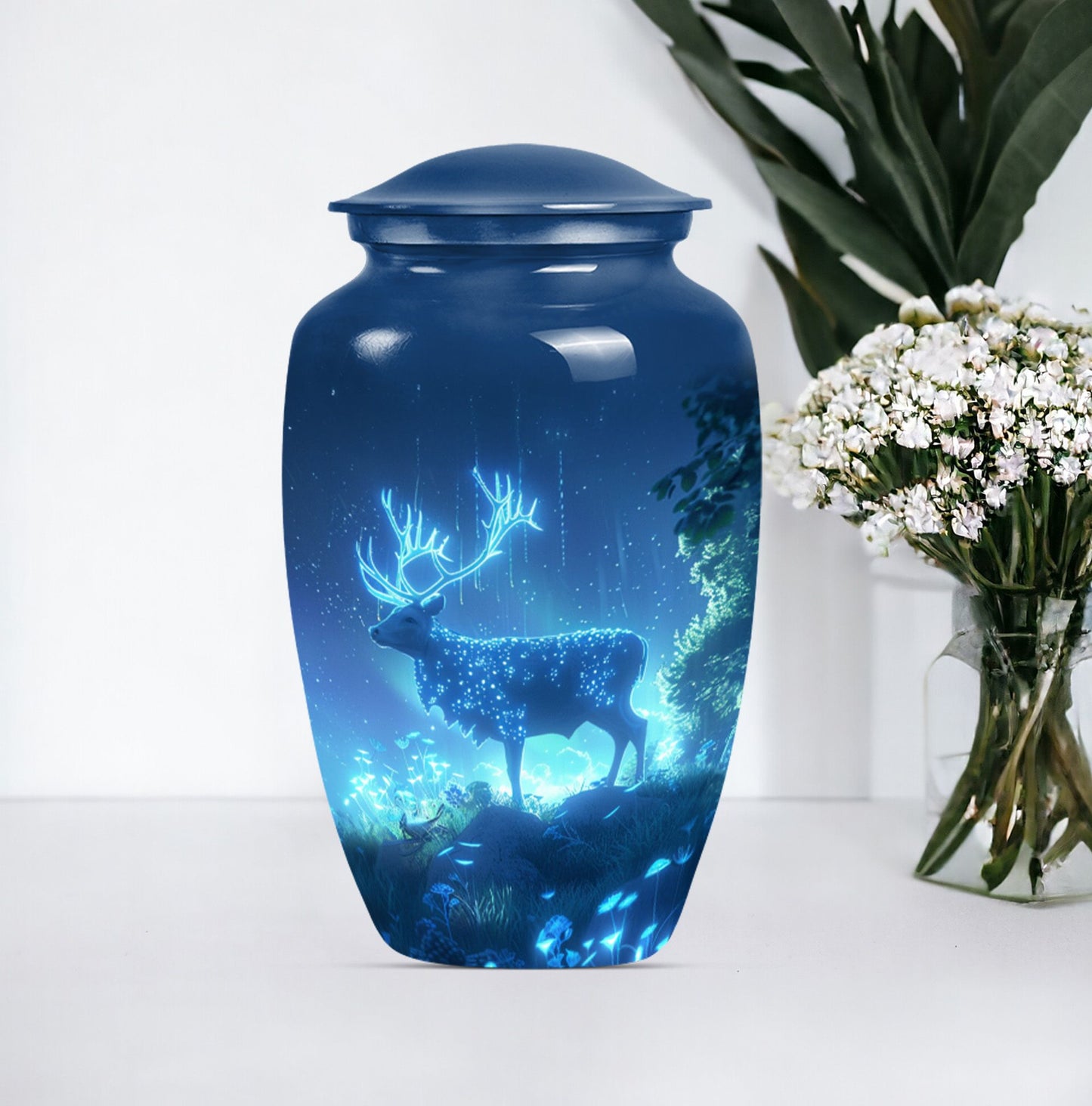 10-inch Classic Wolf Howling-themed Deer Cremation Medium Urn.