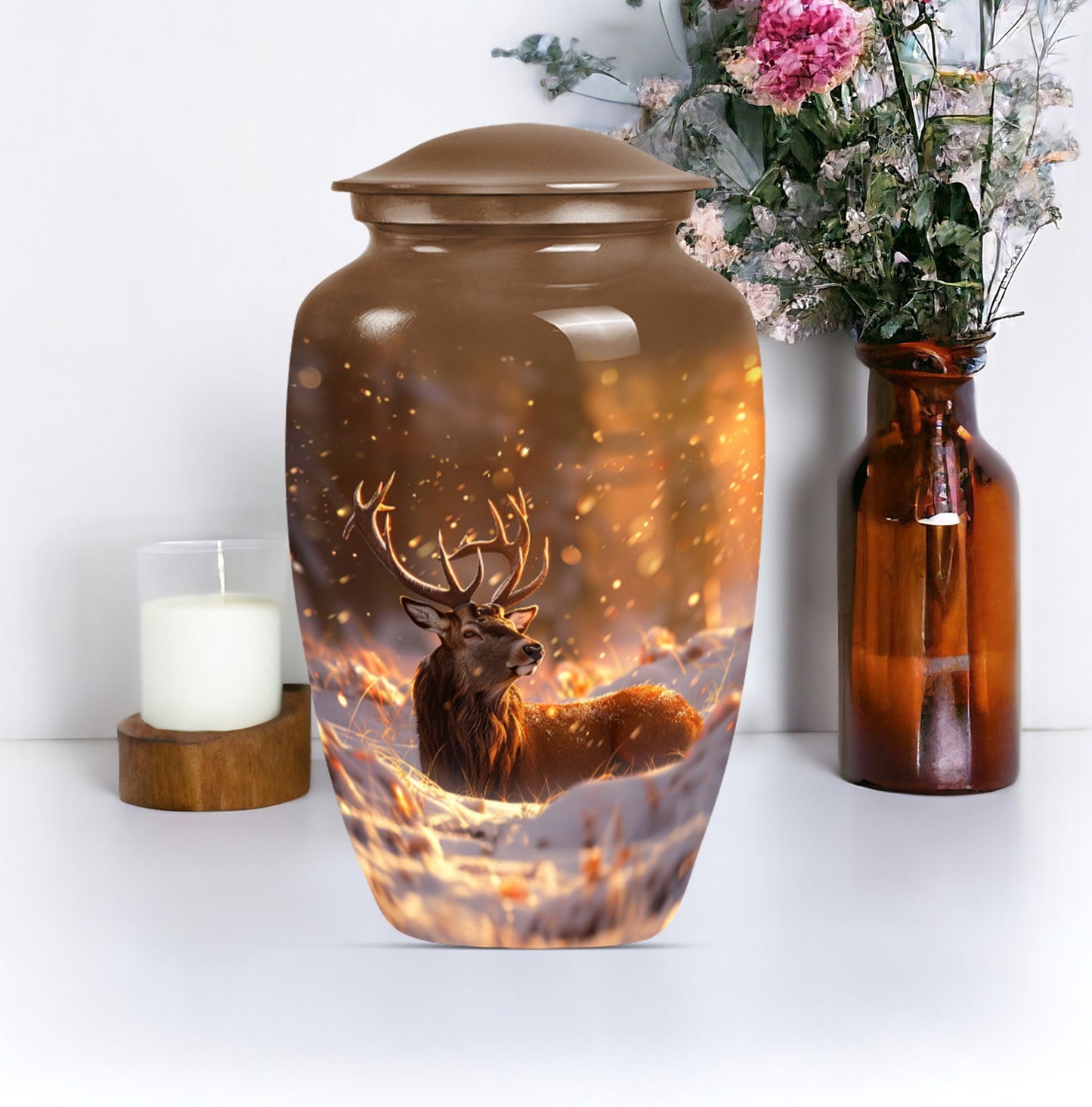 deer urn with wolf howling