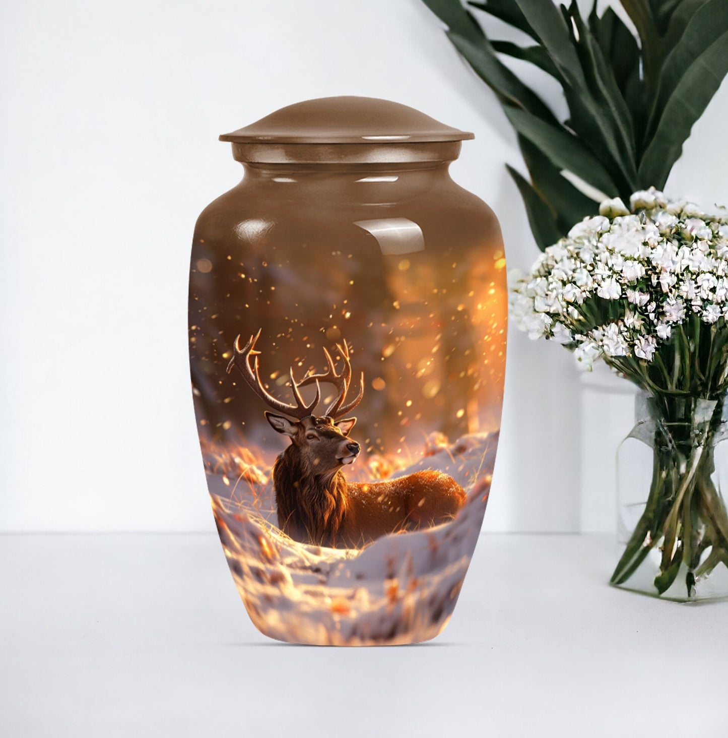 deer urn with wolf howling