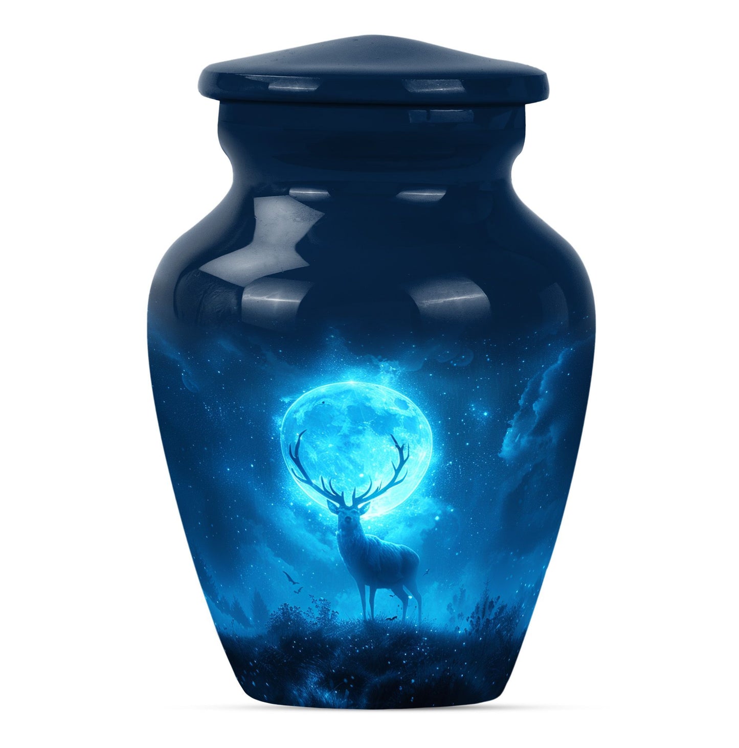 Classic 10-inch deer urn in aluminium, suitable for adult female ashes.