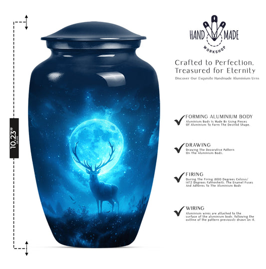 Classic 10-inch deer urn in aluminium, suitable for adult female ashes.