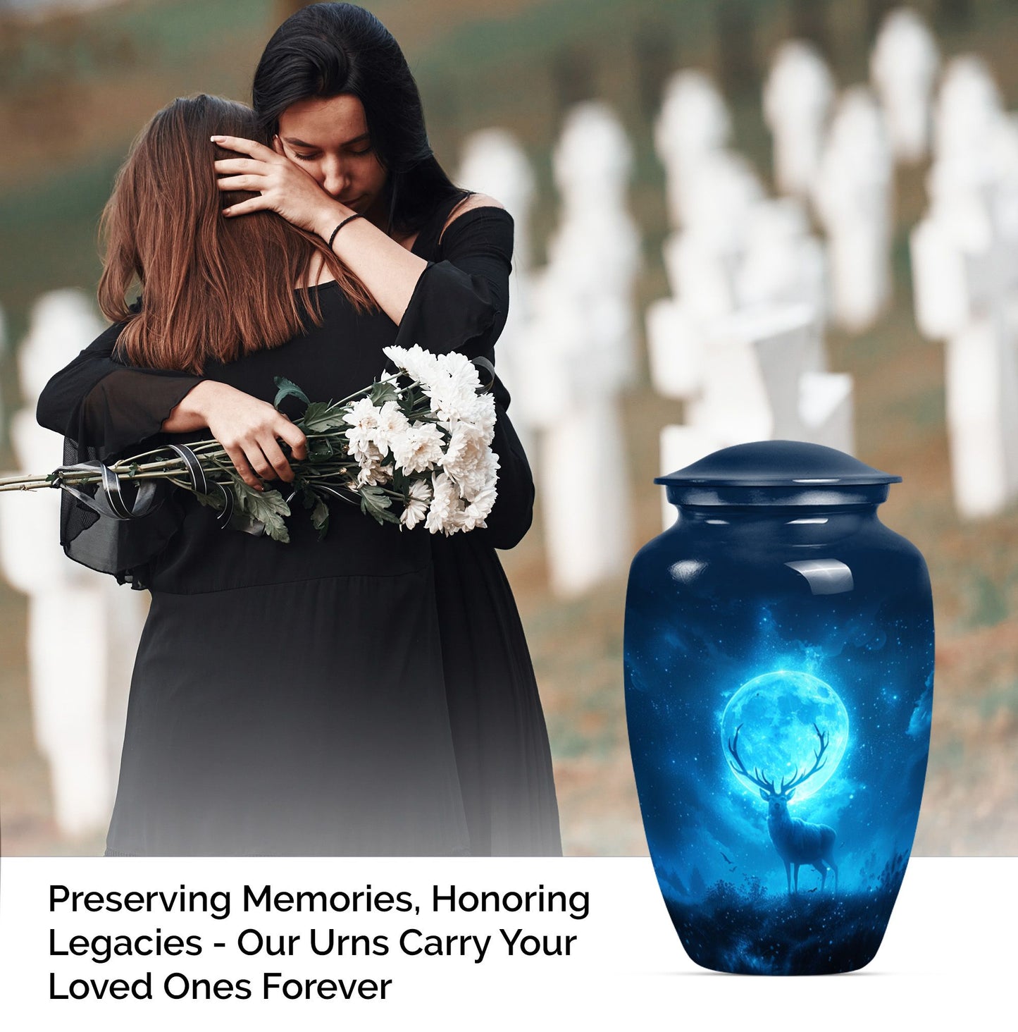 Classic 10-inch deer urn in aluminium, suitable for adult female ashes.