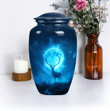 Classic 10-inch deer urn in aluminium, suitable for adult female ashes.