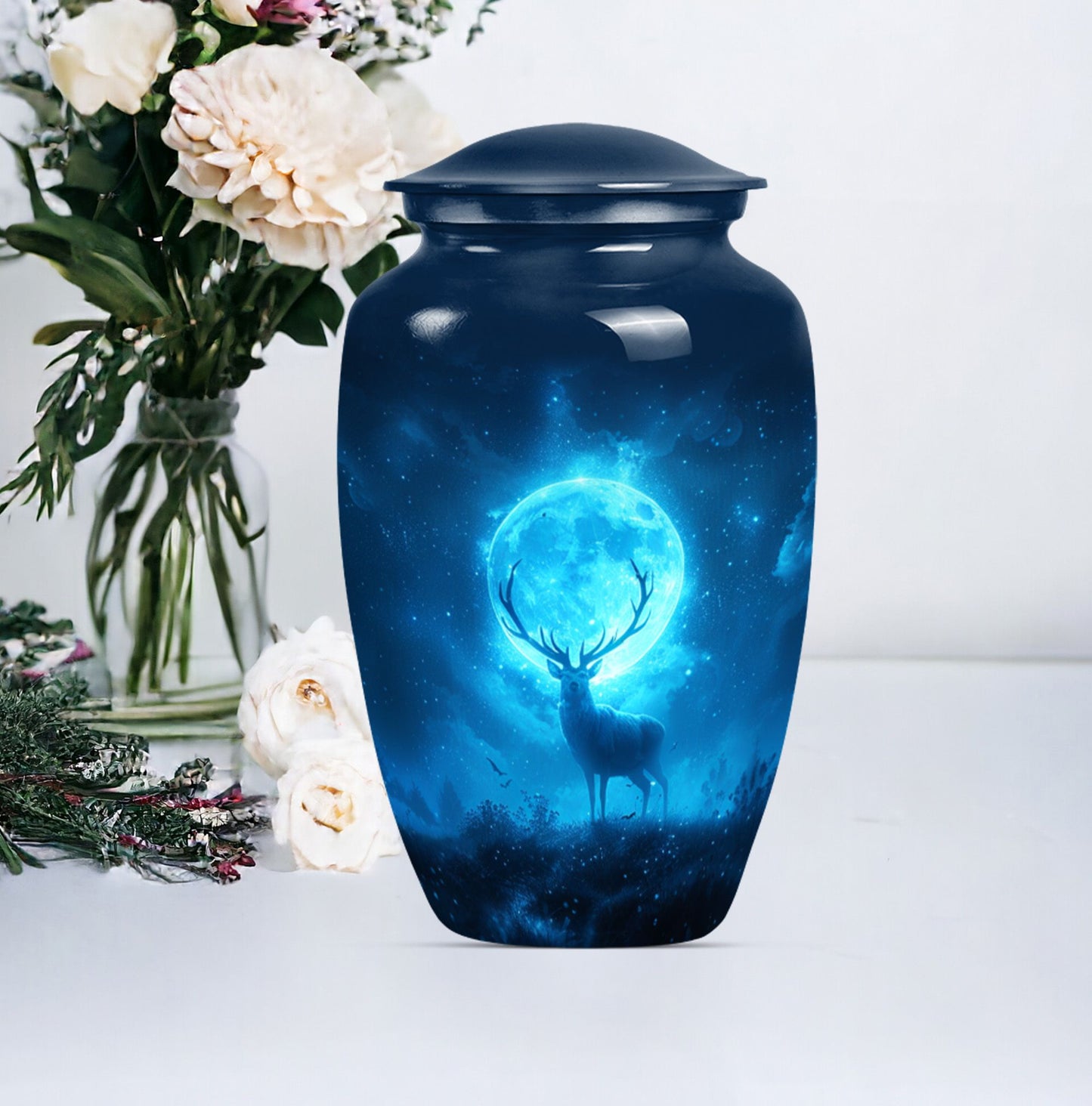 Classic 10-inch deer urn in aluminium, suitable for adult female ashes.