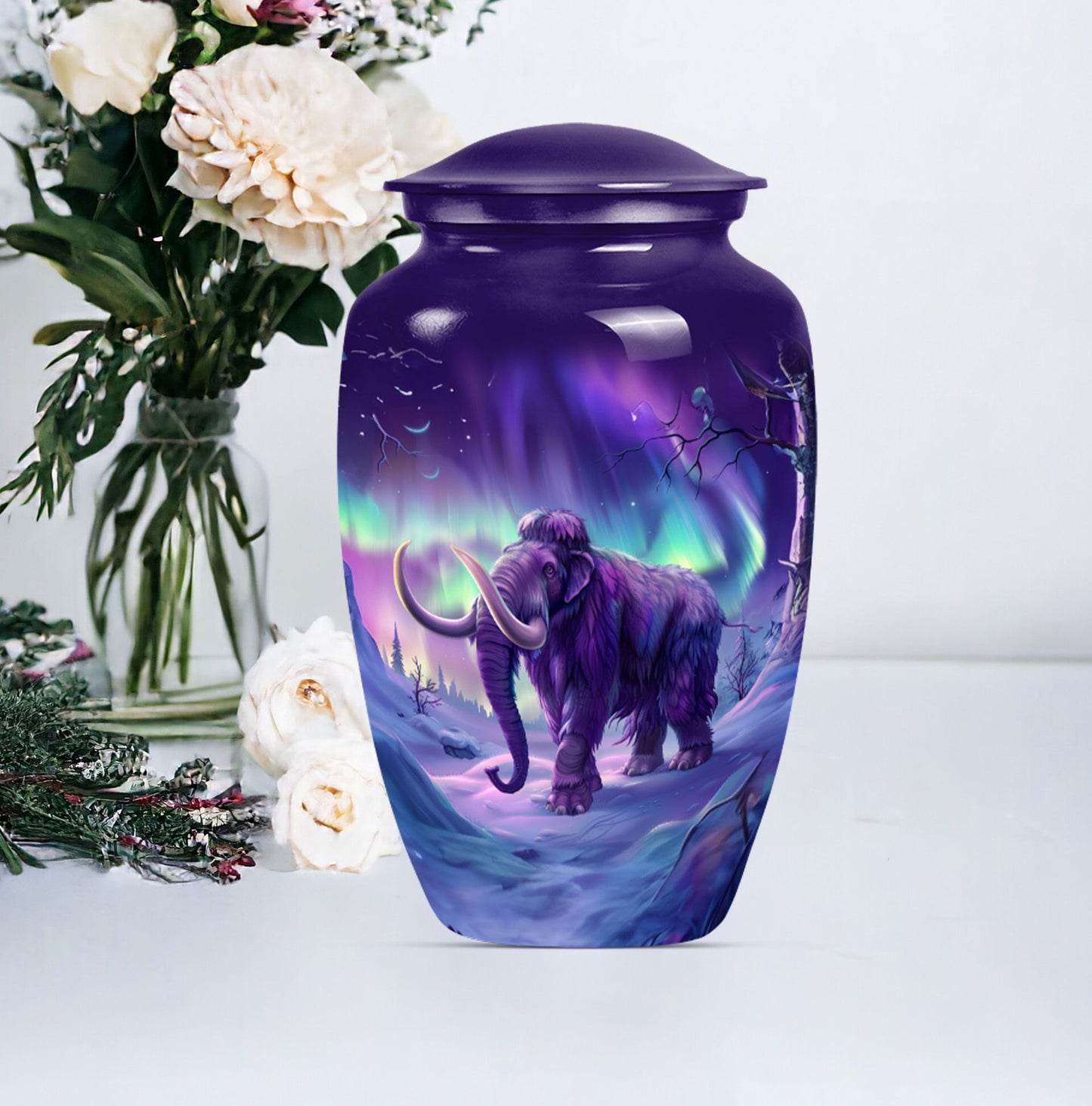 Classic Mammoth Urn featuring a Wolf Howling Theme.