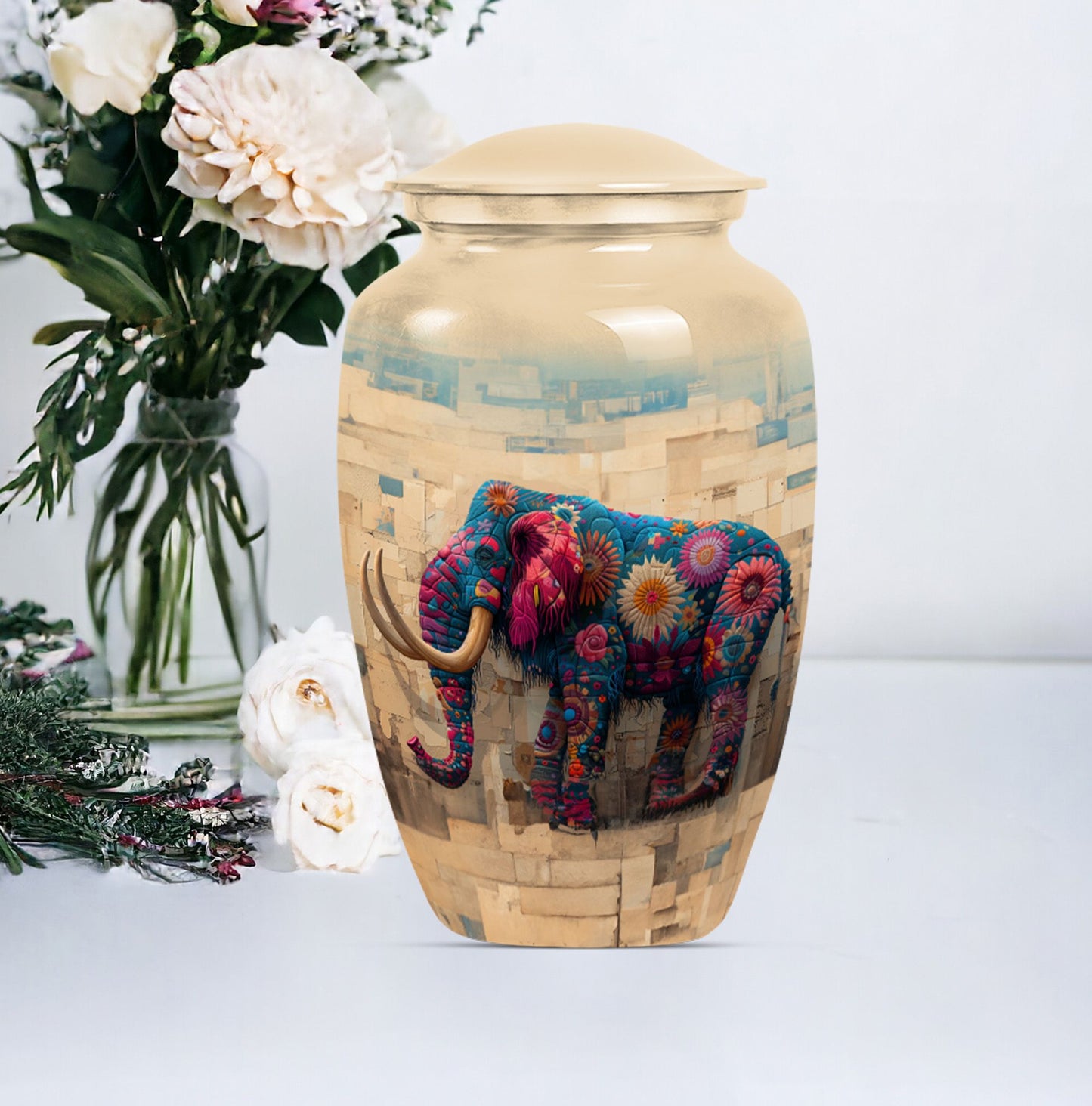 Classic 10-inch mammoth urn with wolf howling theme.