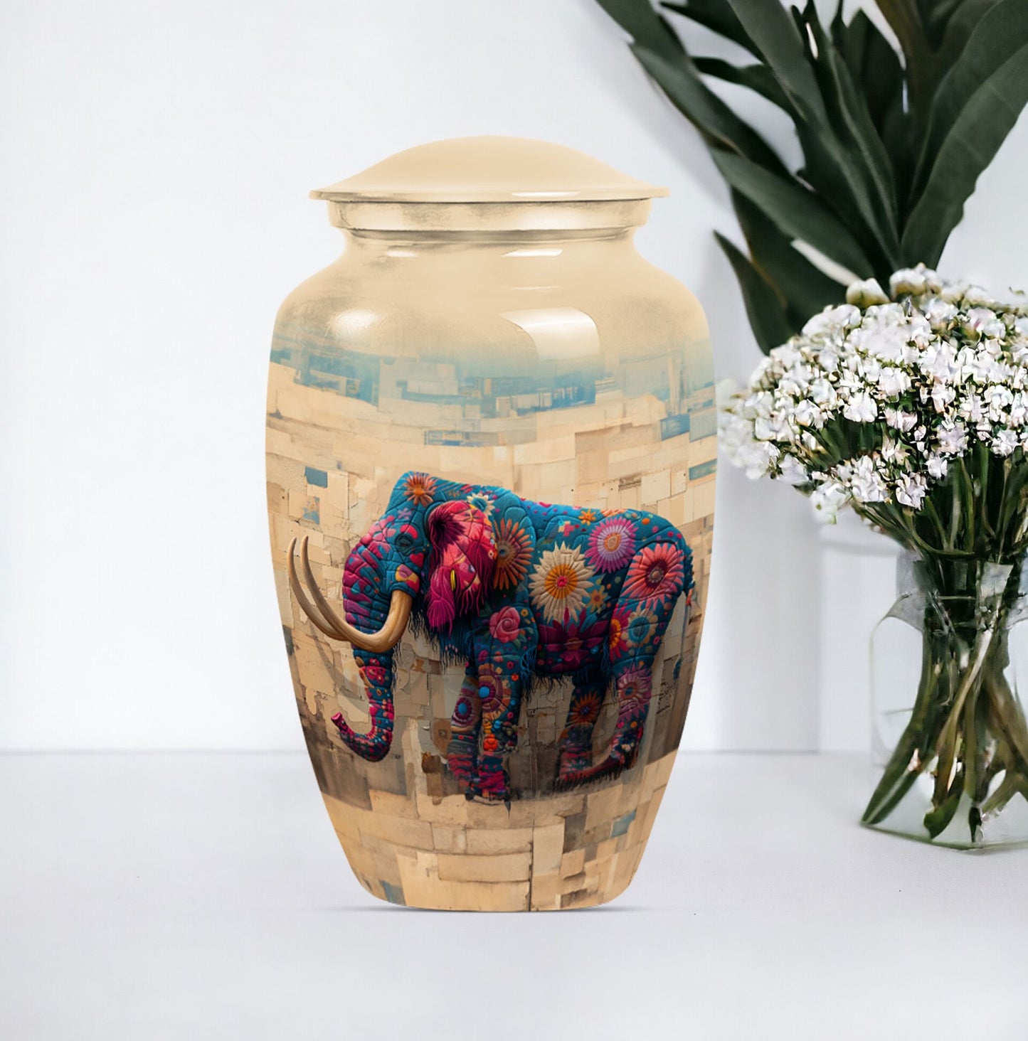 Classic 10-inch mammoth urn with wolf howling theme.
