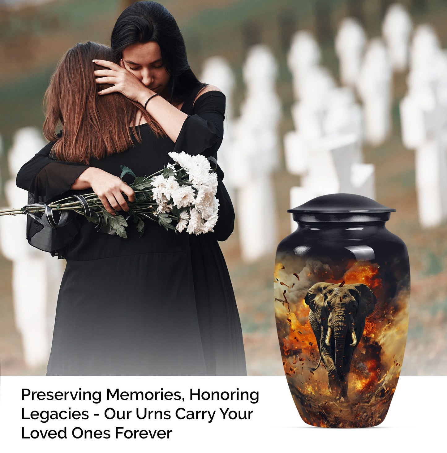 Classic 10-inch mammoth flower-themed aluminum cremation urn