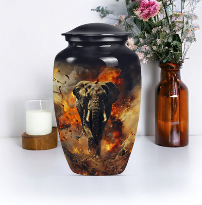 Classic 10-inch mammoth flower-themed aluminum cremation urn