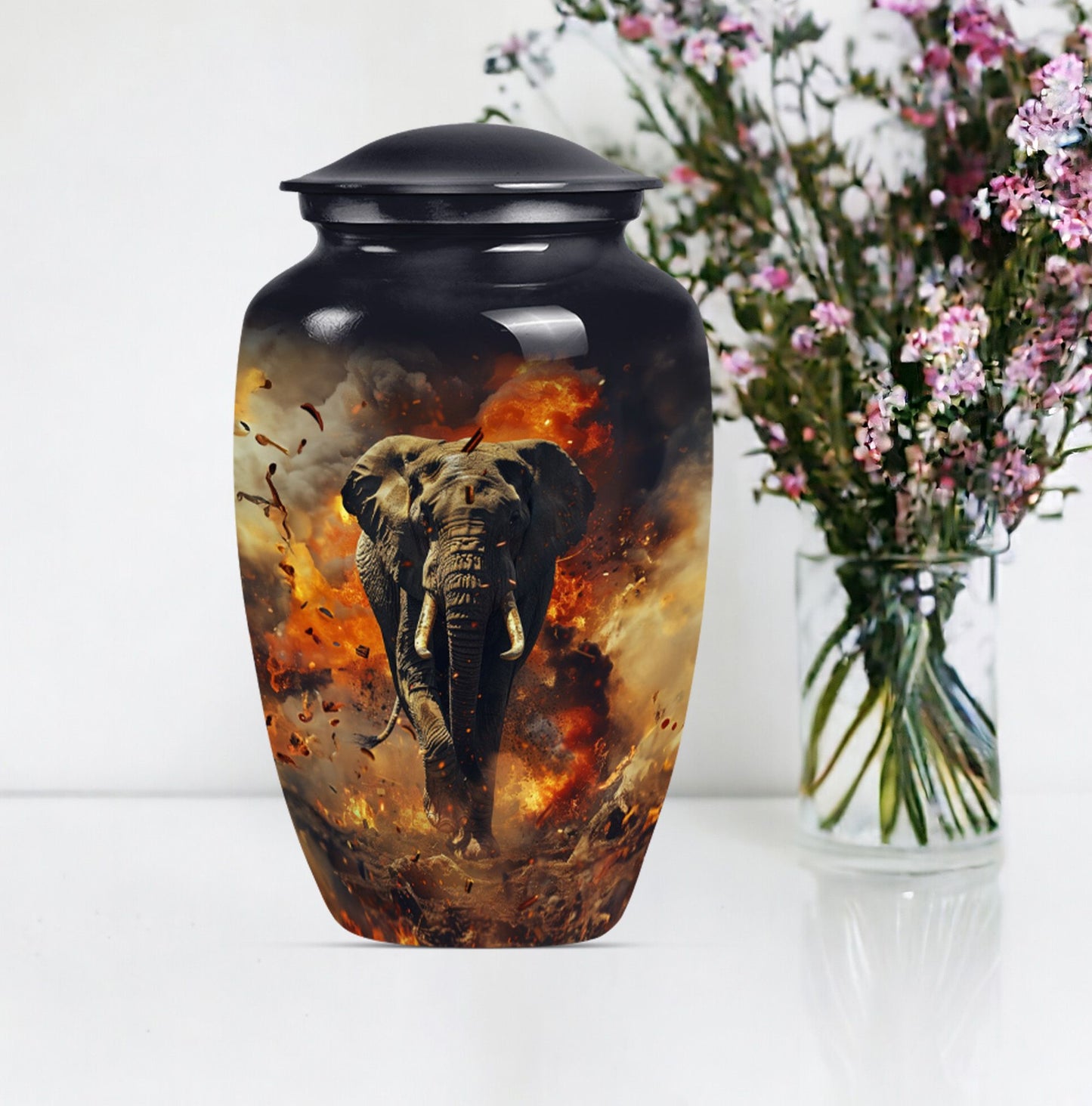 Classic 10-inch mammoth flower-themed aluminum cremation urn