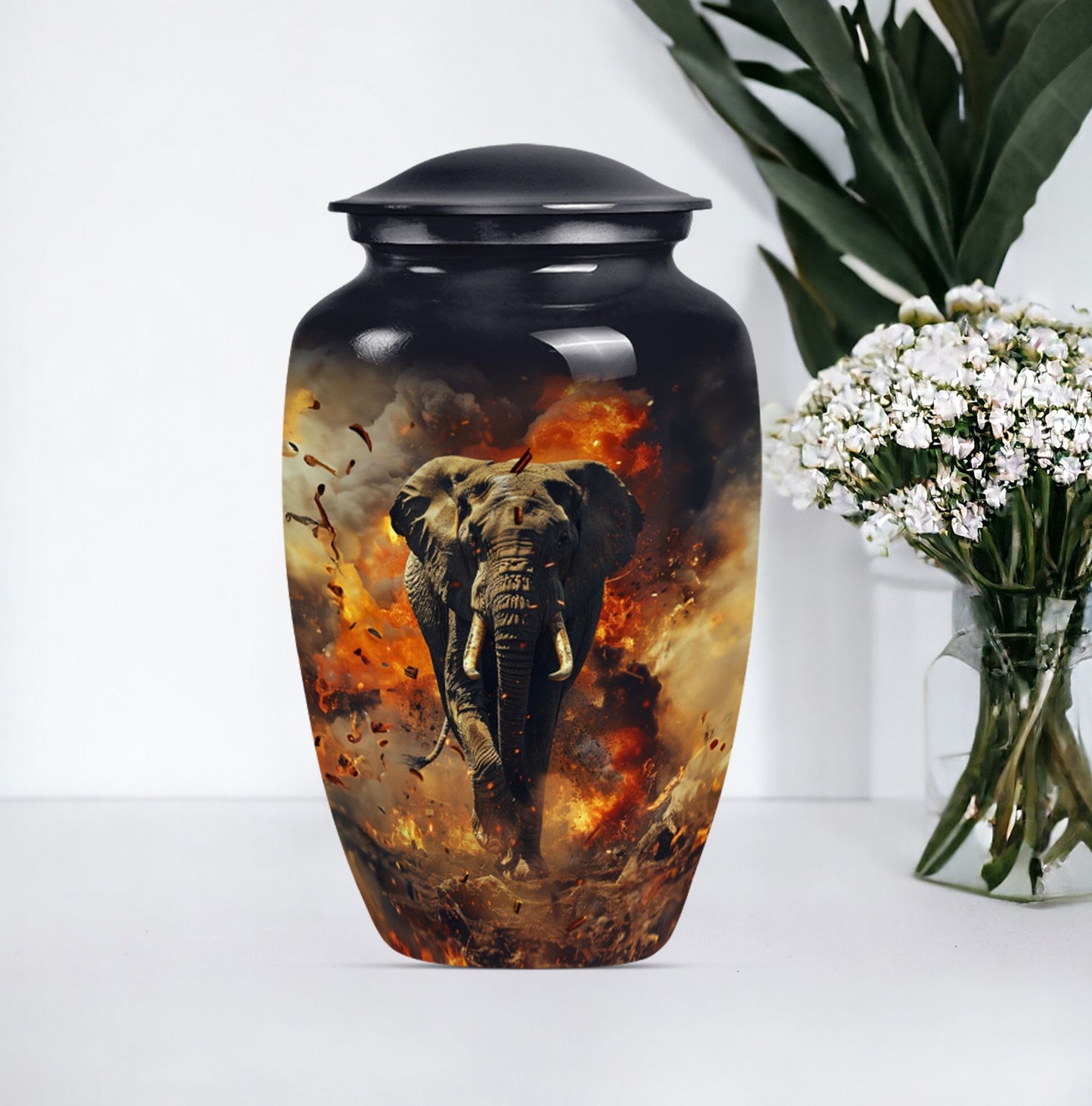 Classic 10-inch mammoth flower-themed aluminum cremation urn