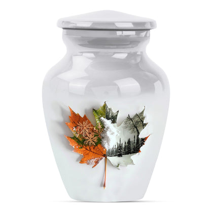 Classic 10-inch maple leaf urn in aluminium for burial.
