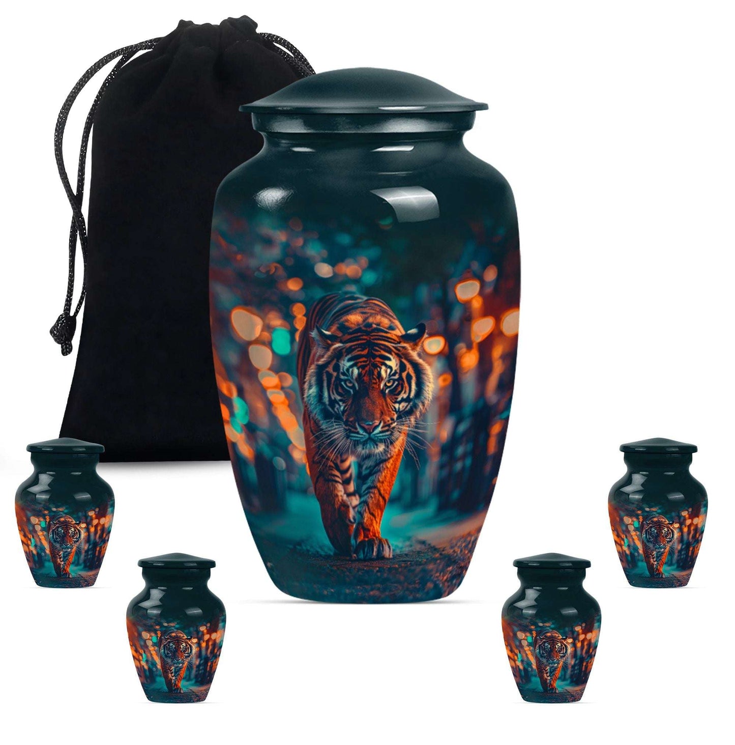 Tiger Theme Large Urn With 4 Keepsake Urn